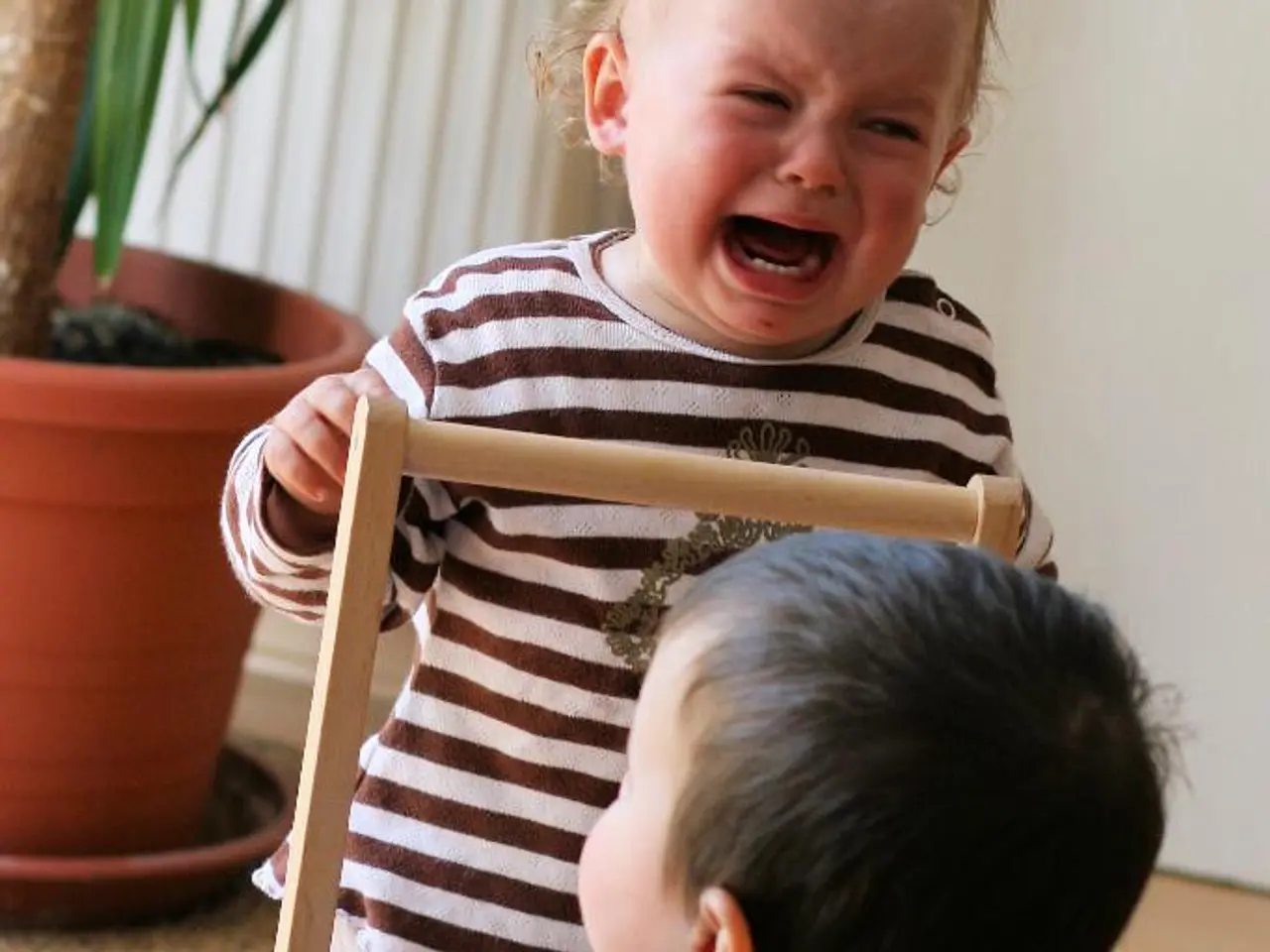 In this image there is a baby crying , another baby sitting in the toy vehicle , and in the back...