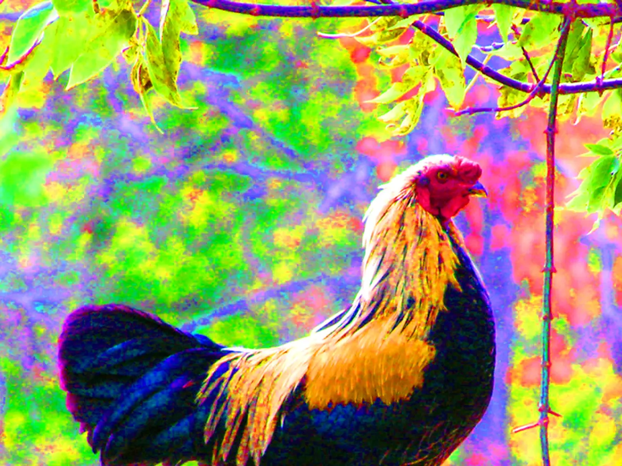 There is a cock standing on the wooden pole, near a fencing. In the background, there are trees.