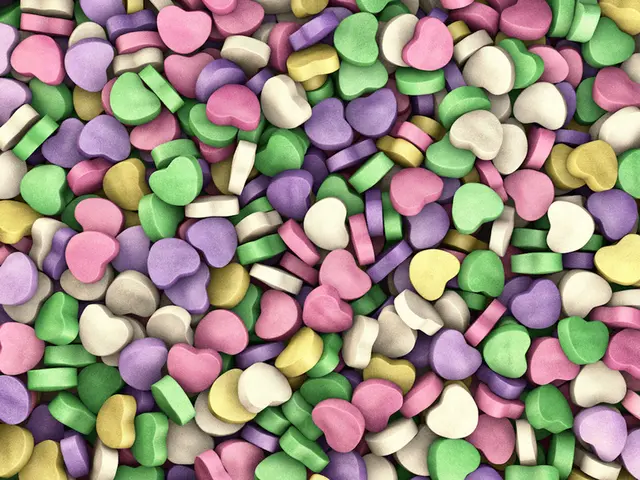 In this picture we can see a few heart shaped colorful objects throughout the image.